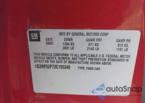 2002 Pontiac Grand Am Se1 z USA, uszkodzony, nr VIN 1G2NF52F72C155248